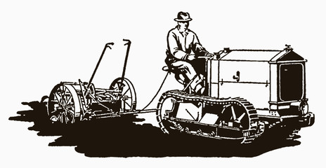 Historical farmer sitting on a track tractor pulling an attached mower. Illustration after an engraving from the early 20th century