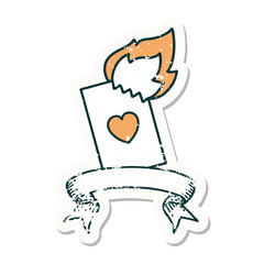 grunge sticker with banner of a flaming card
