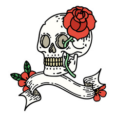 tattoo with banner of a skull and rose
