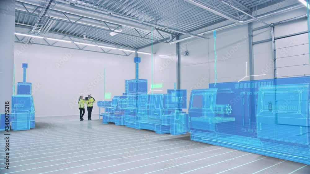 Poster Two Engineers Use Digital Tablet Computer with Augmented Reality Software to Create 3D Blueprint of CNC Machinery Production Line. Industry 4.0 Graphics Visualization in Factory. VFX Special Effects