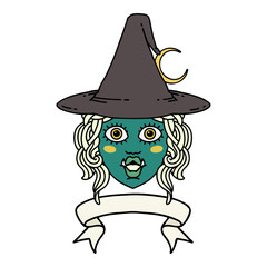 half orc witch character face with banner illustration