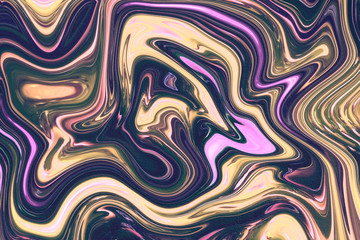 Digital background of the liquid paint of yellow, purple, green and dark-blue colors. - obrazy, fototapety, plakaty