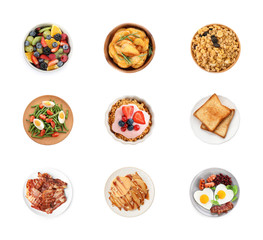 Fototapeta na wymiar Set of different delicious dishes for breakfast on white background, top view