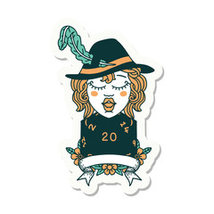 human bard character with natural 20 dice roll sticker