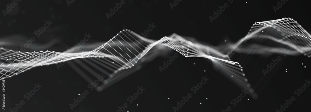 Aufkleber Futuristic wave on dark background. Pattern of connection dots and lines. Technology or Science Banner. 3D Widescreen