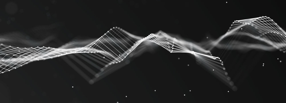 Futuristic wave on dark background. Pattern of connection dots and lines. Technology or Science Banner. 3D Widescreen