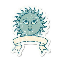 grunge sticker with banner of a sun with face