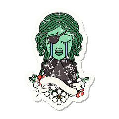 crying orc rogue character face with natural one d20 dice roll grunge sticker