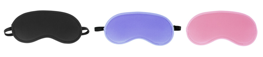 Set of different sleeping eye masks on white background, top view. Banner design