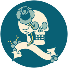 icon with banner of a skull and rose