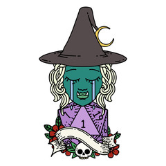 crying half orc witch character face with natural one d20 dice roll illustration