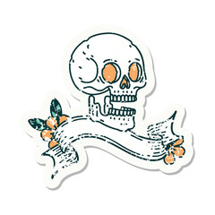 grunge sticker with banner of a skull