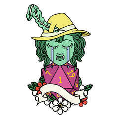 crying orc bard character with natural one D20 roll illustration