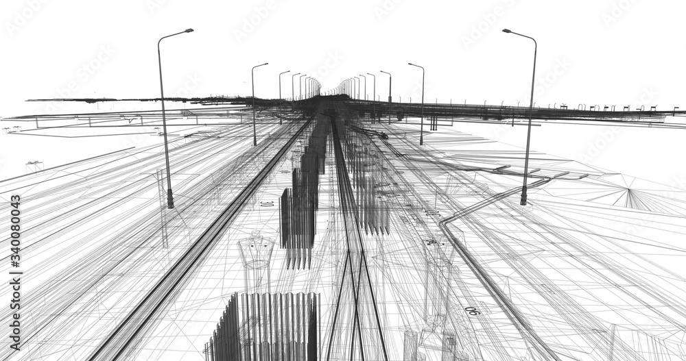 Wall mural the bim model of the object of transport infrastructure of wireframe view
