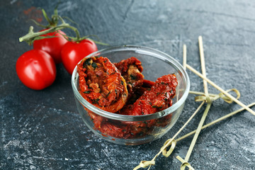 Sun dried tomatoes. tomato halves sun-dried. Antipasti snack