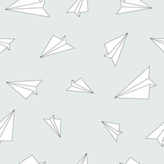 Paper planes vector seamless pattern. White on light blue background.