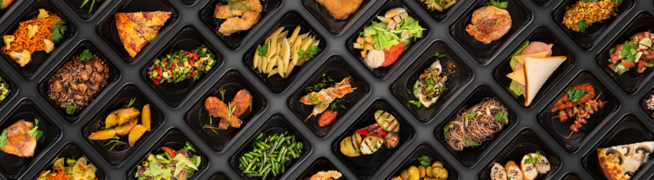 Collection of black plastic take away boxes with healthy food. Set of containers with everyday meals - meat, vegetables and law fat snacks on black background