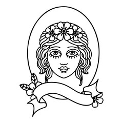 black linework tattoo with banner of a maiden