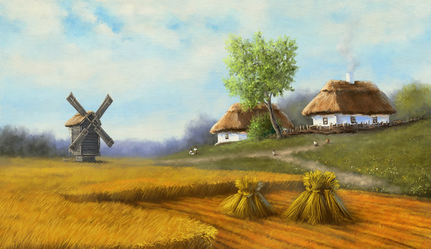Oil paintings rural landscape, village in Ukraine, old windmill in the field. Fine art.