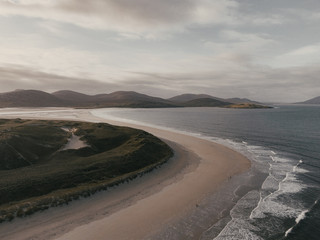 Aerial drone photo of Traigh Rosamol point at Luskentyre beach on the western coast of the Isle of...