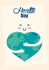 health day celebration poster with heart planet