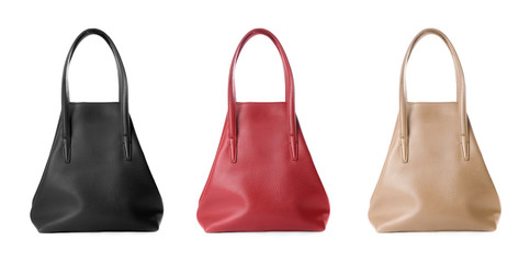 Set of different woman's bags on white background