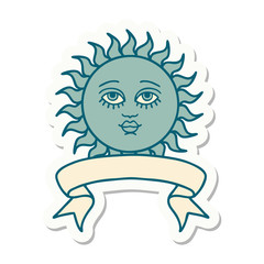 tattoo sticker with banner of a sun with face