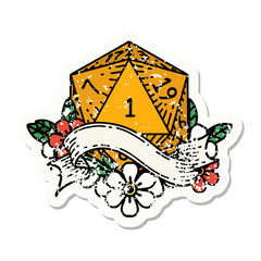 natural one d20 dice roll grunge sticker
