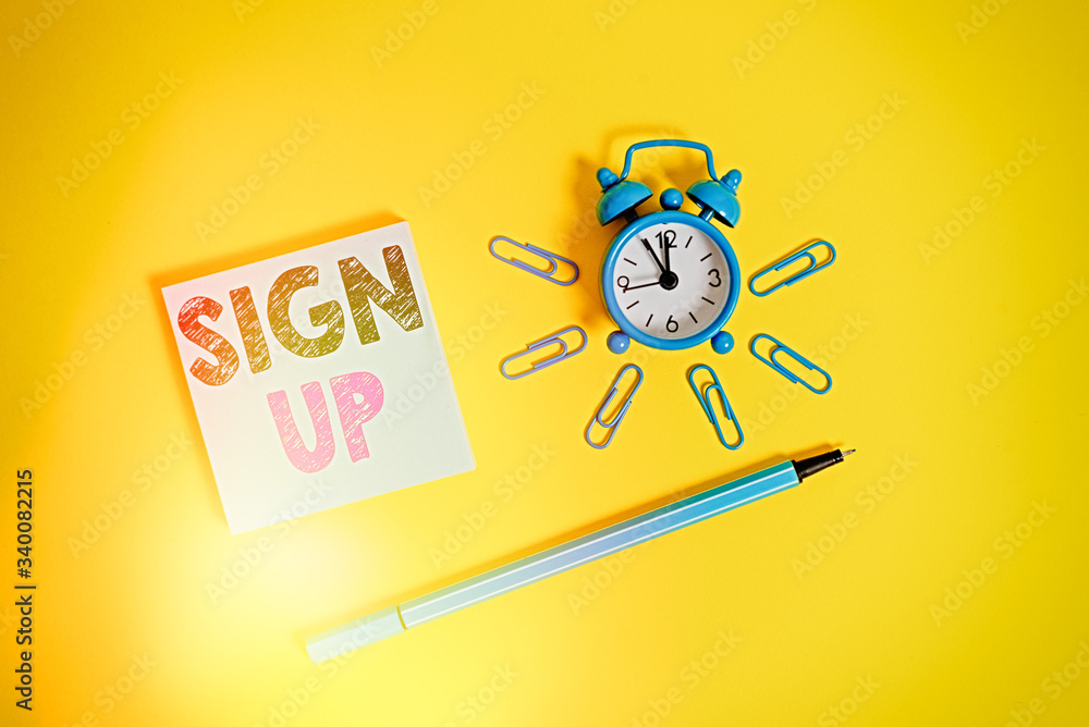 Poster writing note showing sign up. business concept for use your information to register in website team 
