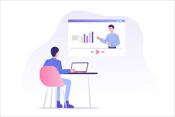 Online education or business training concept. Online man mentor on user interface. Distance education during coronavirus quarantine. Webinar or video seminar. E learning. Vector illustration