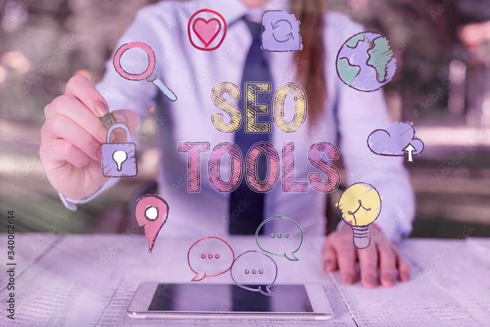 Poster text sign showing seo tools. business photo text process of affecting online visibility of website o