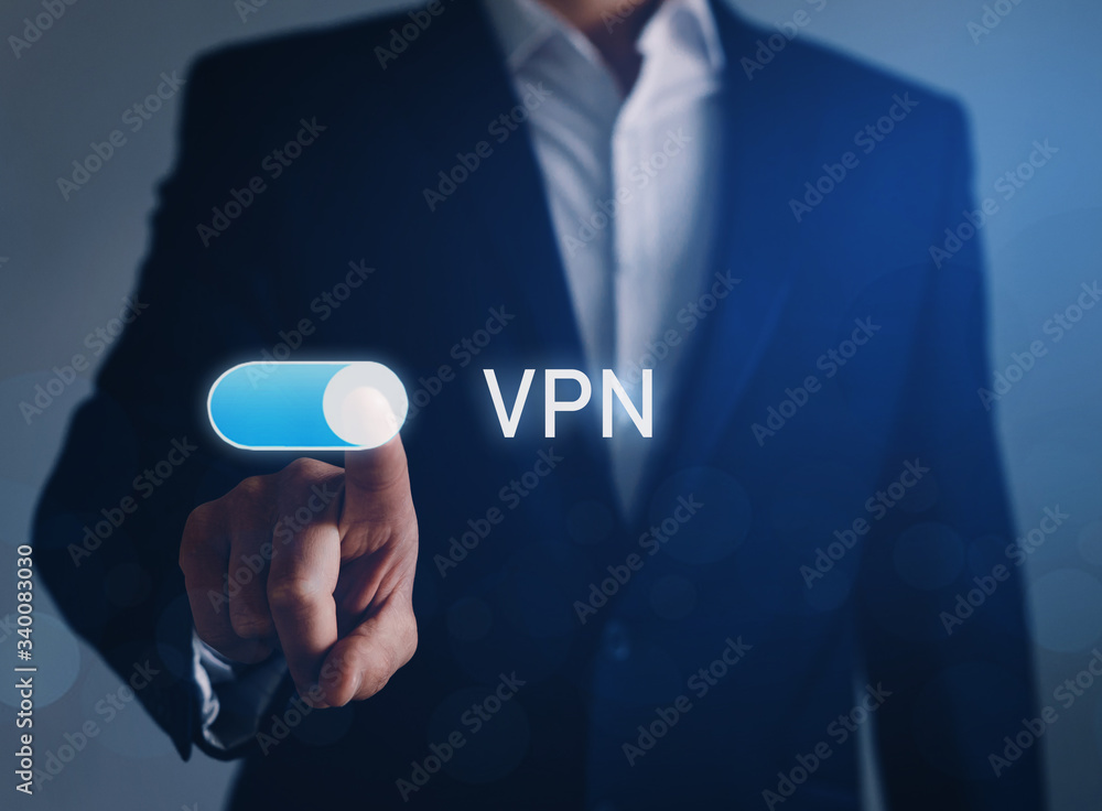 Poster private network security concept. businessman hand tapping button on vpn.
