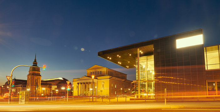 View of Karoline square, a city center square of Darmstadt where are visible the main entrance of the Technical university, Hessen State Museum and the House of History.
