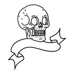 black linework tattoo with banner of a skull