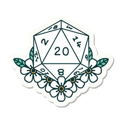 natural 20 D20 dice roll with floral elements sticker