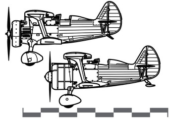 Polikarpov I-15, I-15bis Chaika. World War 2 combat aircraft. Side view. Image for illustration and infographics. © Alex