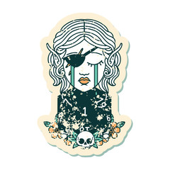 crying elf rogue character face with natural one D20 roll illustration