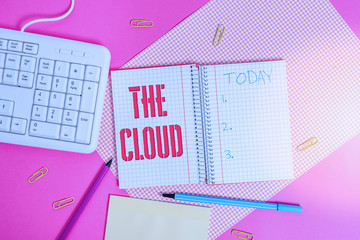 Conceptual hand writing showing The Cloud. Concept meaning Programs used in Storing Accessing data over the internet Writing equipments and computer stuff placed on plain table