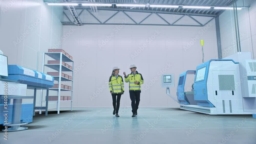 Leinwandbilder Two Engineers Walk Through Factory Workshop with Augmented Reality Creating 3D Models CNC Machinery Production Line. Industry 4.0 Graphics Visualization in Factory. VFX Special Visual Effects
