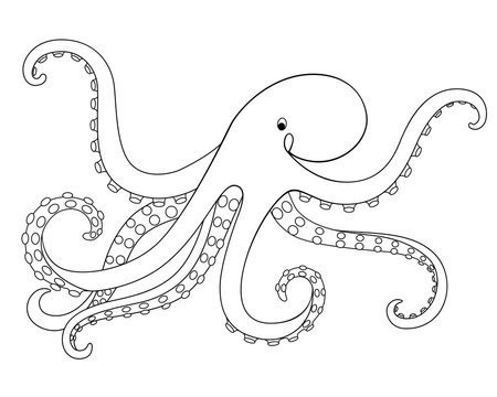 Octopus - sea animal, linear vector picture for coloring. Octopus - a picture for a coloring book on a sea or ocean theme. Outline. Hand drawing.