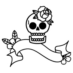 black linework tattoo with banner of a skull and rose