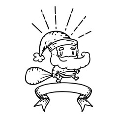 banner with black line work tattoo style santa claus christmas character with sack