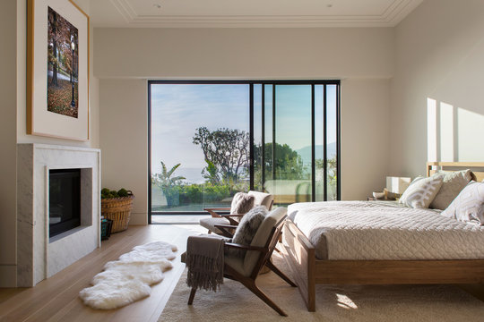 modern bedroom with fireplace