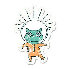 grunge sticker of tattoo style cat in astronaut suit