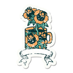 grunge sticker with banner of a cup and flowers