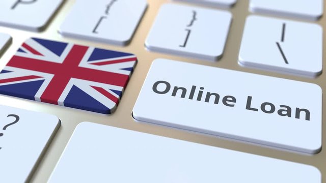 Online Loan text and flag of Great Britain on the keyboard. Modern credit related conceptual 3D animation