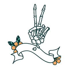 tattoo with banner of a skeleton hand giving a peace sign