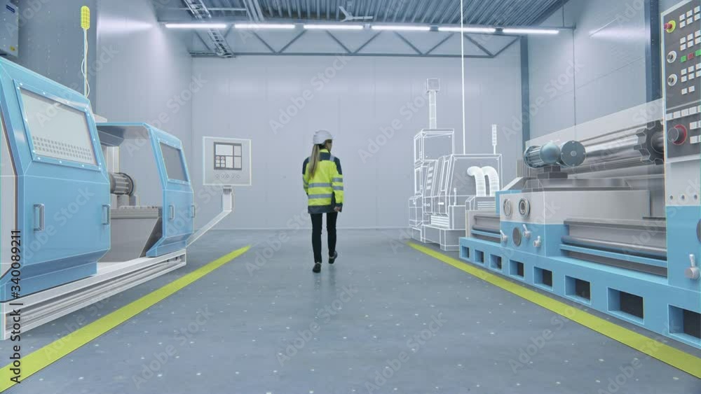 Poster Female Engineer Walks Through Factory Workshop with Augmented Reality Creating 3D Models CNC Machinery Production Line. Industry 4.0 Graphics Visualization in Factory. VFX Special Visual Effects