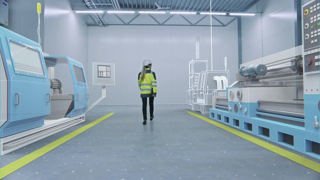Female Engineer Walks Through Factory Workshop with Augmented Reality Creating 3D Models CNC Machinery Production Line. Industry 4.0 Graphics Visualization in Factory. VFX Special Visual Effects
