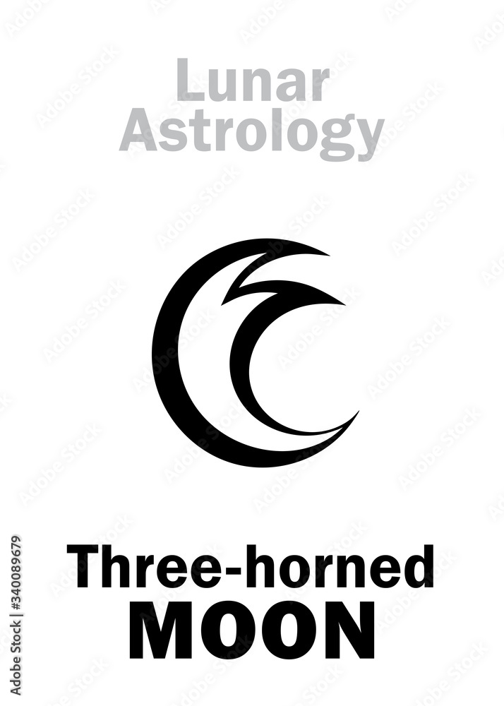 Wall mural Astrology Alphabet: Three-horned MOON (Luna tricornis), Mystical symbol of Lunar Magic, Sorcery and Wizardry. Hieroglyphic character sign (original symbol).